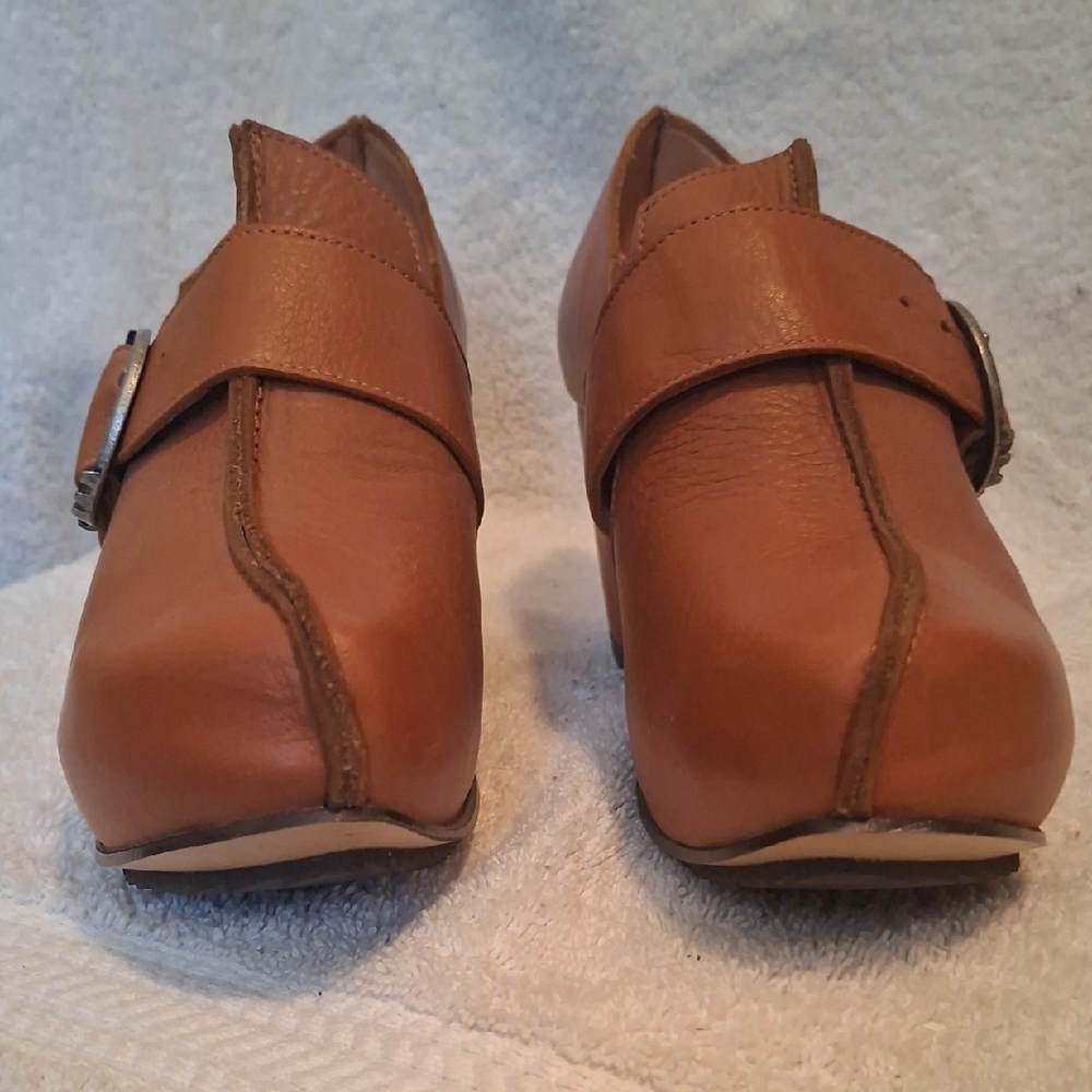 Leather Buckle Clog Heels in Cognac Brown - Picture 4 of 12
